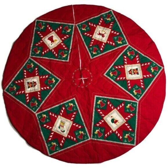 Vintage Christmas Tree Skirt Quilted Red Squares Circle Santa Claus Country XMAS - Picture 1 of 8